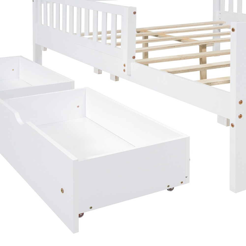 Full Size Bed Frame Wood Platform Bed Frame with 2 Drawer & Guardrails White