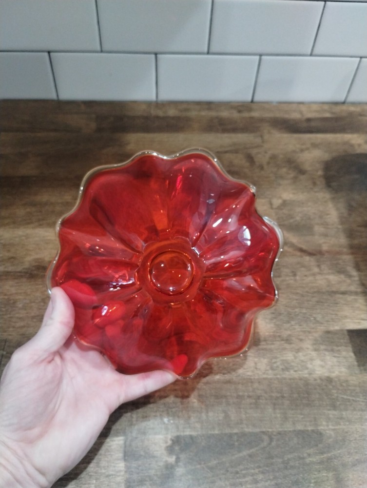 Vintage MCM L E Smith RED Glass Open Compote 8" EUC