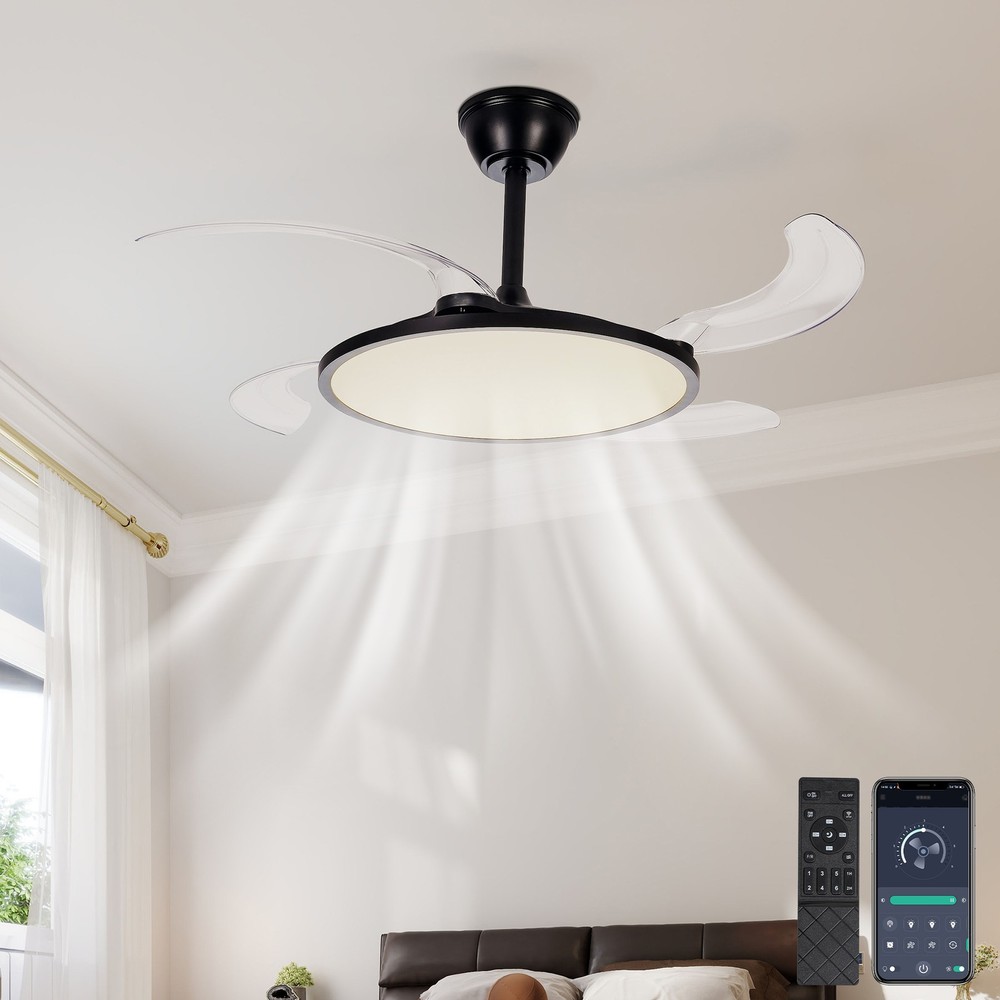42" LED Ceiling Fan Light Dimmable 3CCT Retractable Blade w Remote & APP Control