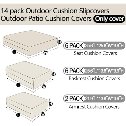 14Pieces Patio Cushion Covers Replacement Outdoor 25.6x 25.6×3.94inches Black