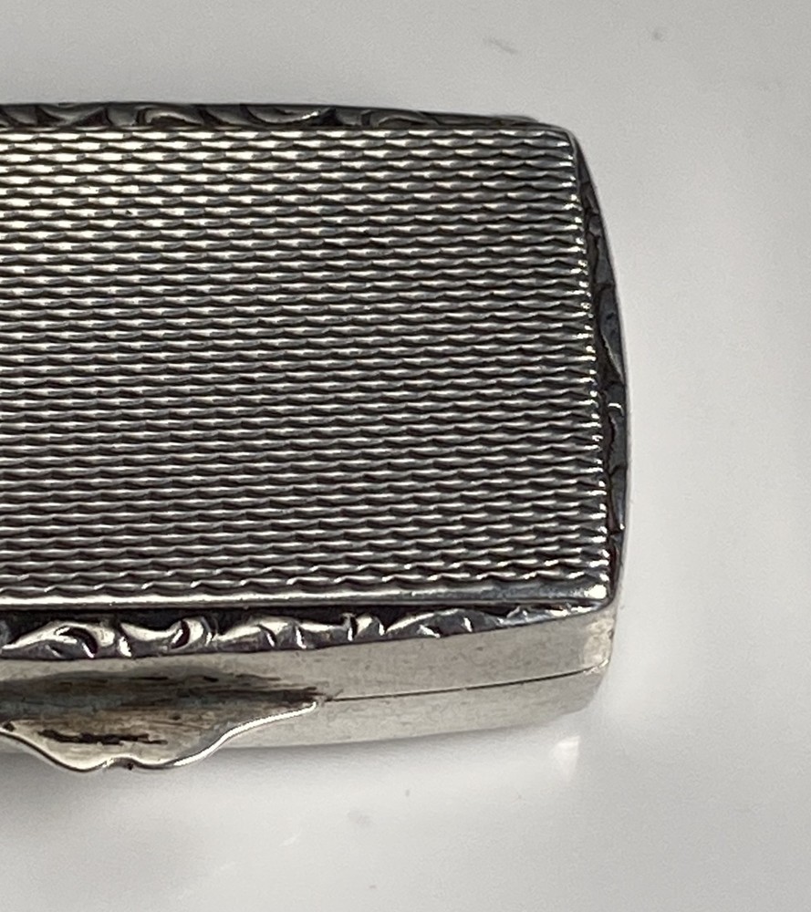 Antique c1910 Solid Silver 935 Engine Turned Pill Box Scrolling Foliage Border