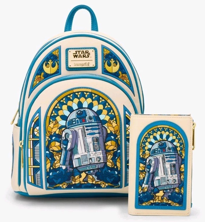 NEW! Loungefly Star Wars R2-D2 Stained Glass Portrait Mini Backpack & WALLET Set