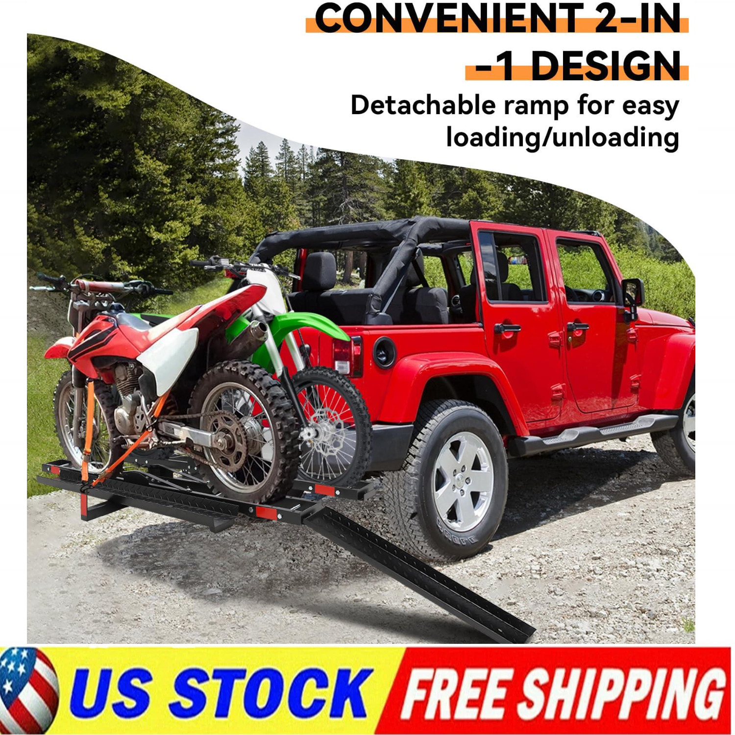 600 LBS Dual Motorcycle Steel Hitch Mount Hauler Dirt Bike Hitch Carrier w/Ramp