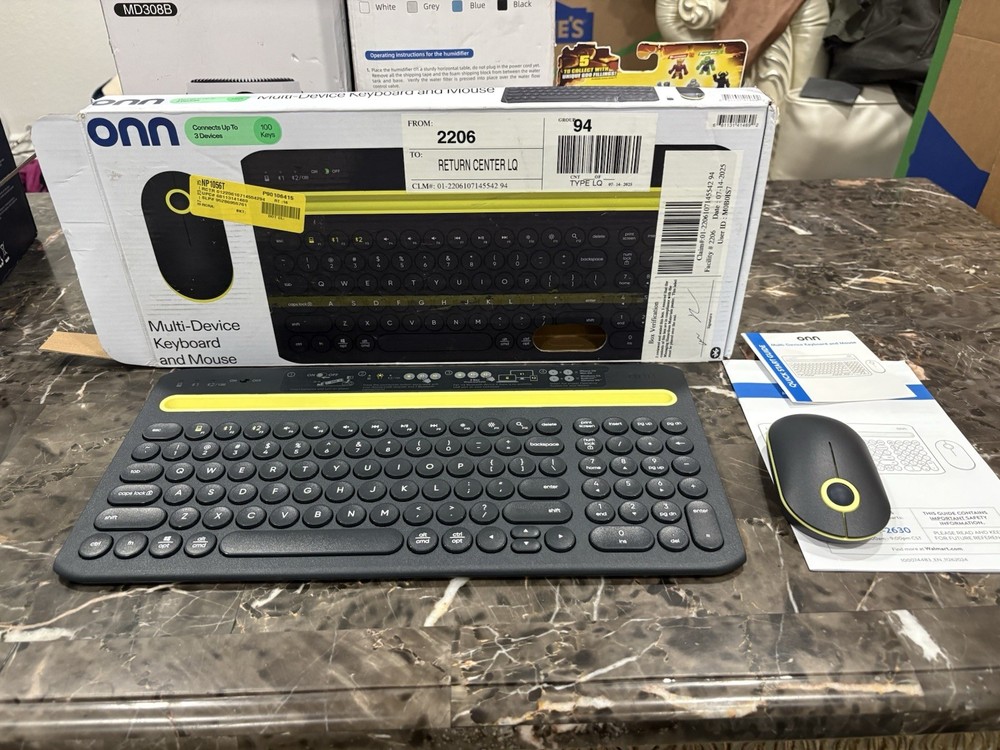 onn Multi-Device Wireless Full-Size Keyboard and 3-Button Mouse Set,Gray &Yellow