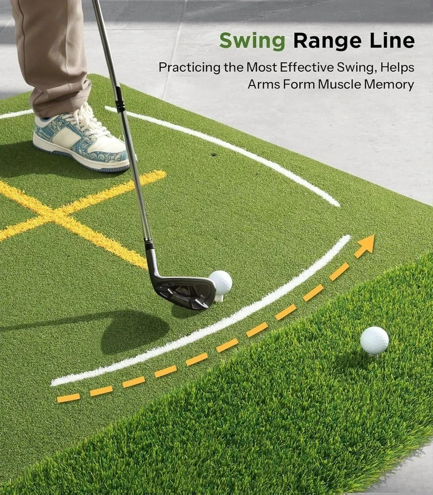 Golf Mat with Dual Turf | Golf Hitting Mat with Standing Guide-Line & Swing Path