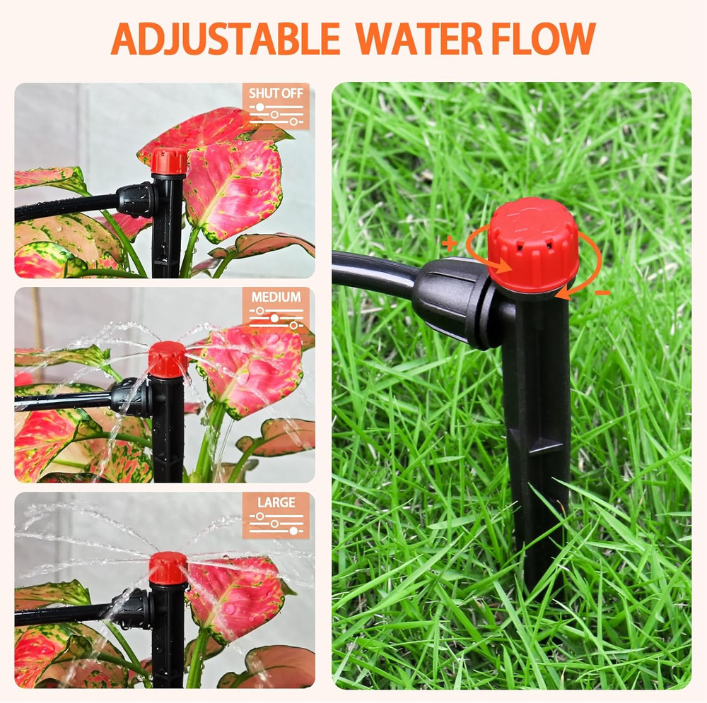 25 Pack Drip Irrigation Emitters with Stake, Adjustable 360° Sprayers 1/4"