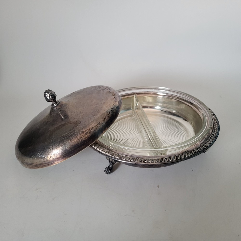 Vintage Sheffield Silver Plated Partitioned Dish w/ Glass Pyrex Insert dual Rare