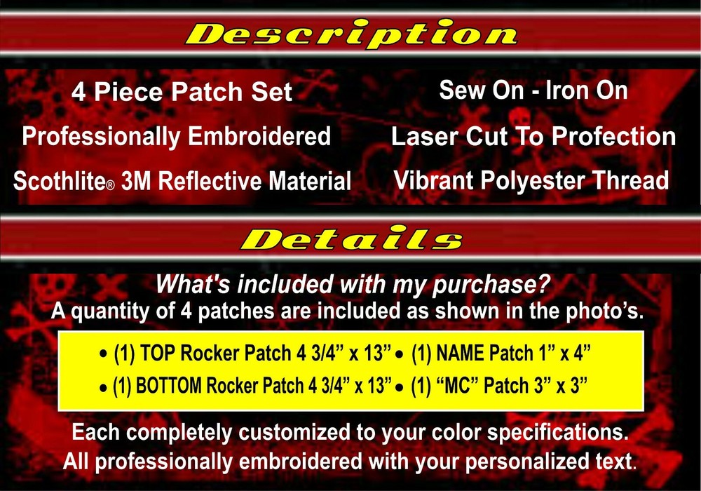 13" REFLECTIVE 4 PC SET CUSTOM EMBROIDERED ROCKER PATCH 3M® MOTORCYCLE BIKER CUT