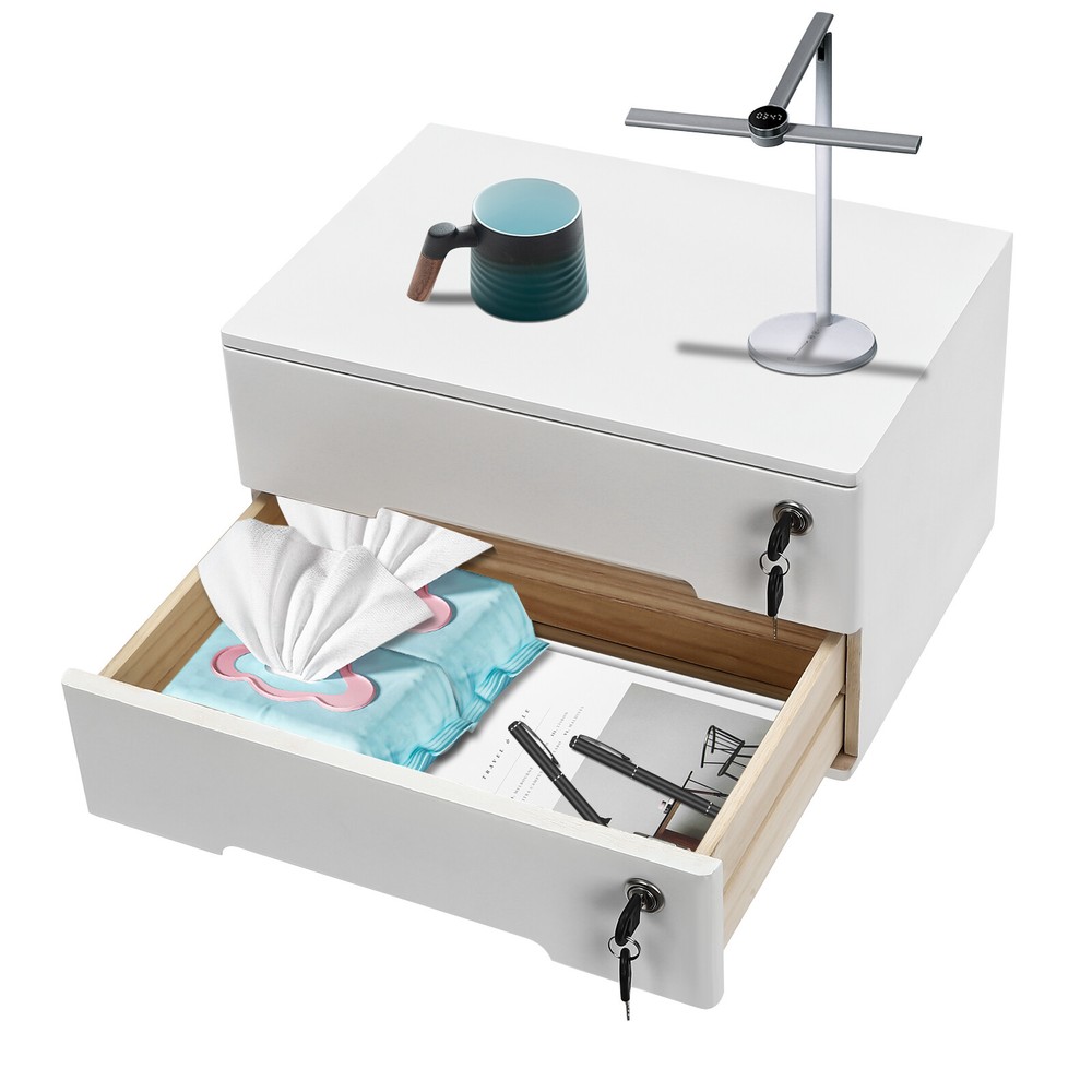Compact Wooden 2-Drawer Desk Organizer Cabinet - Lockable Storage Solution