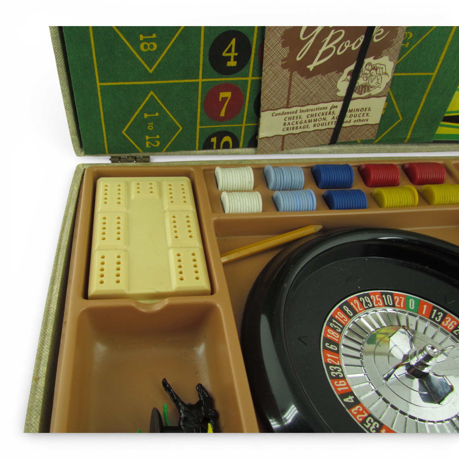 Vintage E.S. Lowe Casino Game Set Roulette Backgammon Board Cards USA Case