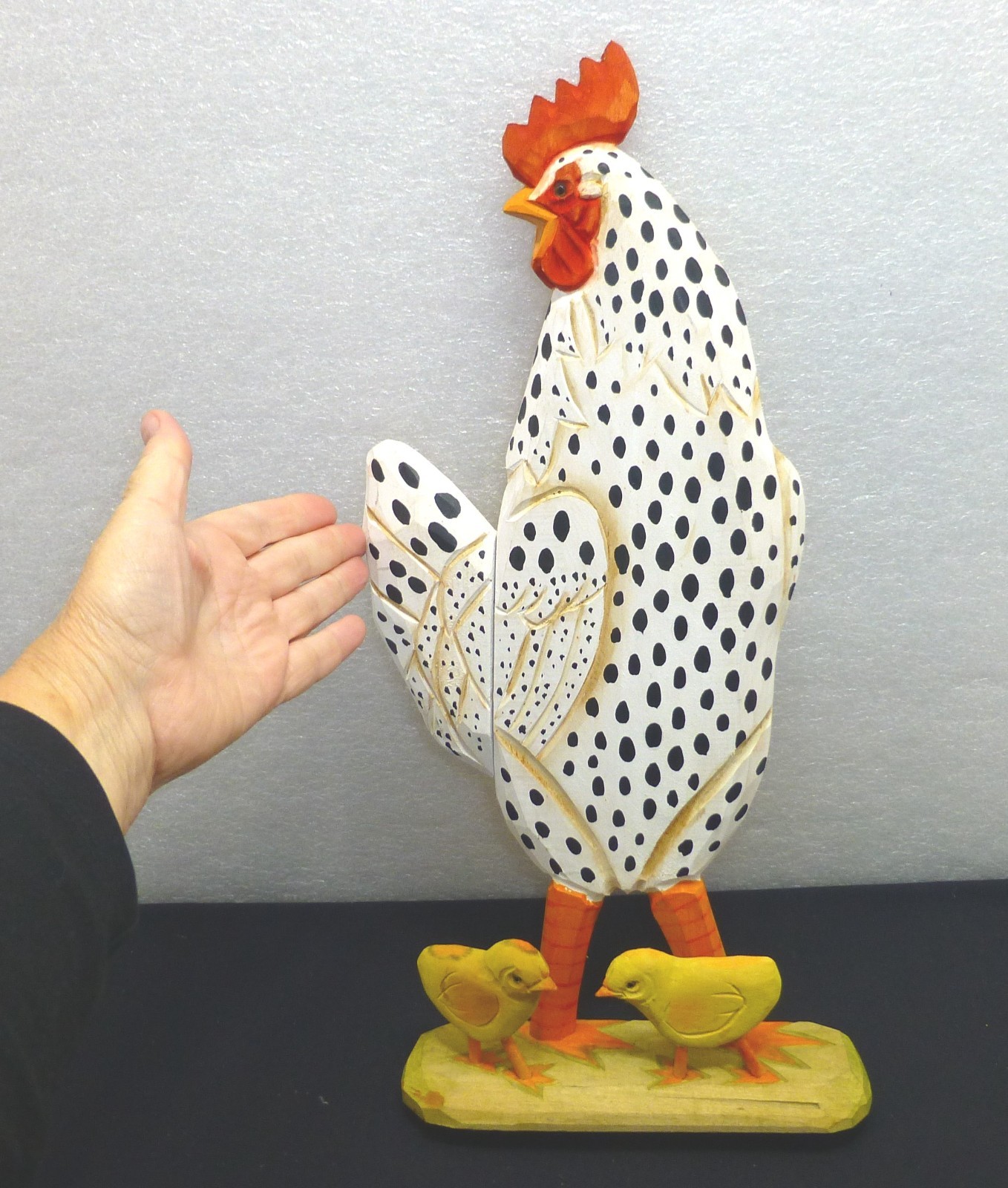 Vintage large folk art carved wood rooster chicken chicks figurine art old farm