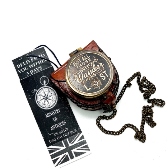 ENGRAVED POCKET COMPASS & KEYCHAIN NAUTICAL HANDMADE COMPASS & LEATHER POUCH