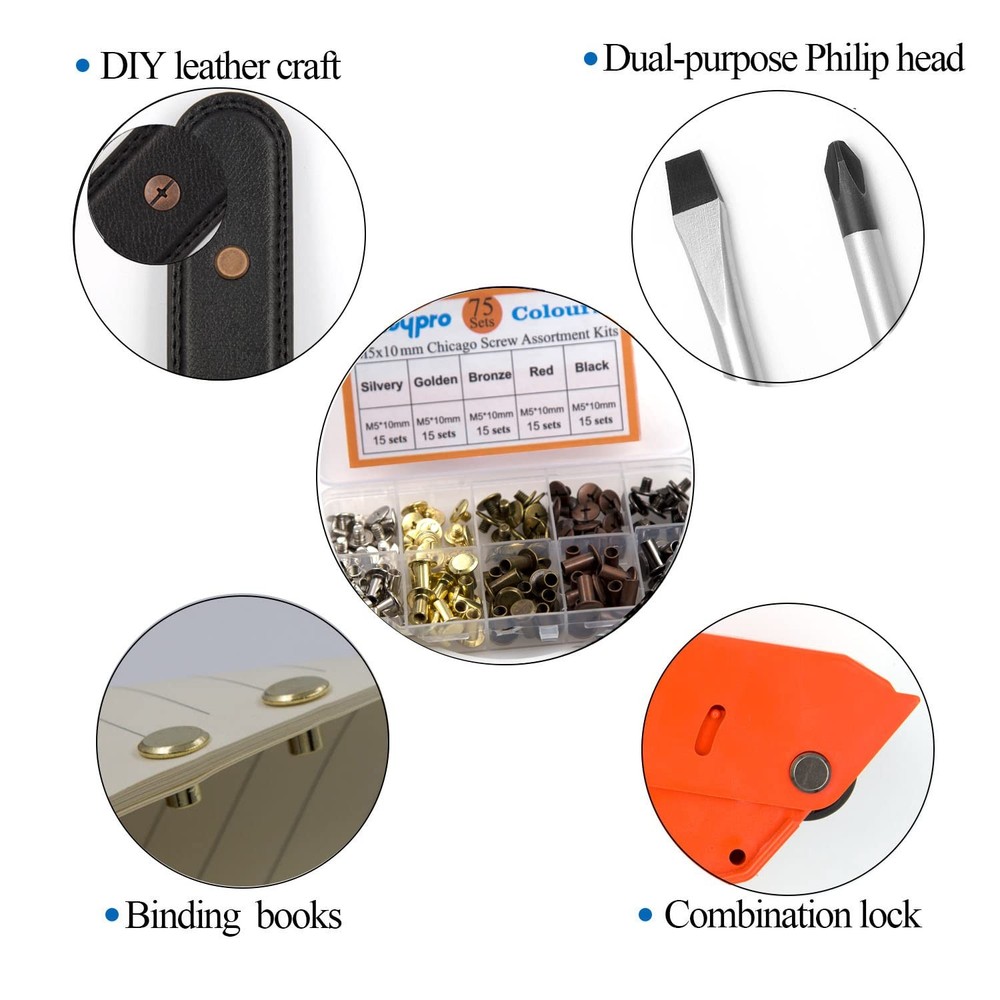 75 Sets Chicago Screws Assorted Kit 5 Color Leather Rivets Screw Rivets Flat ...