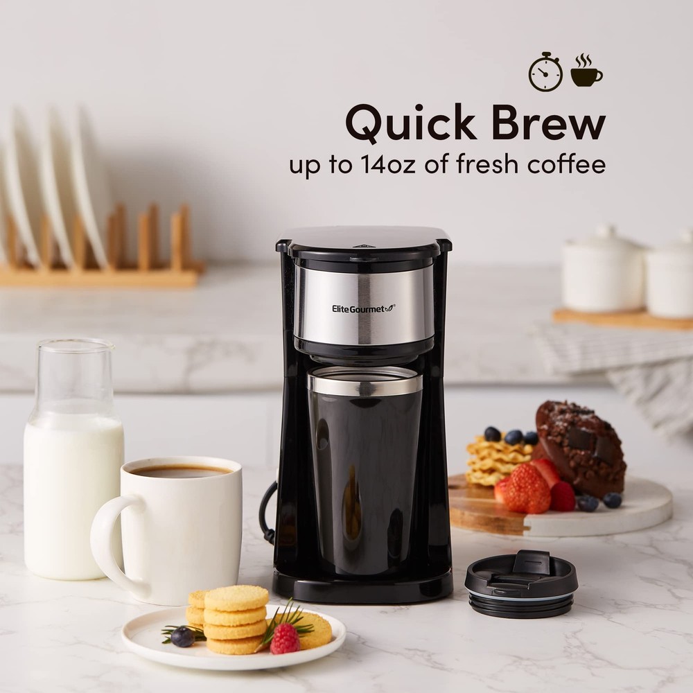 Compact Single-Serve Coffee Maker with 14Oz Thermal Mug, Compatible with Grounds