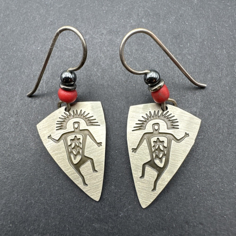 Native Inspired Dangle Drop 1.5” Earrings Silver Tone Red
