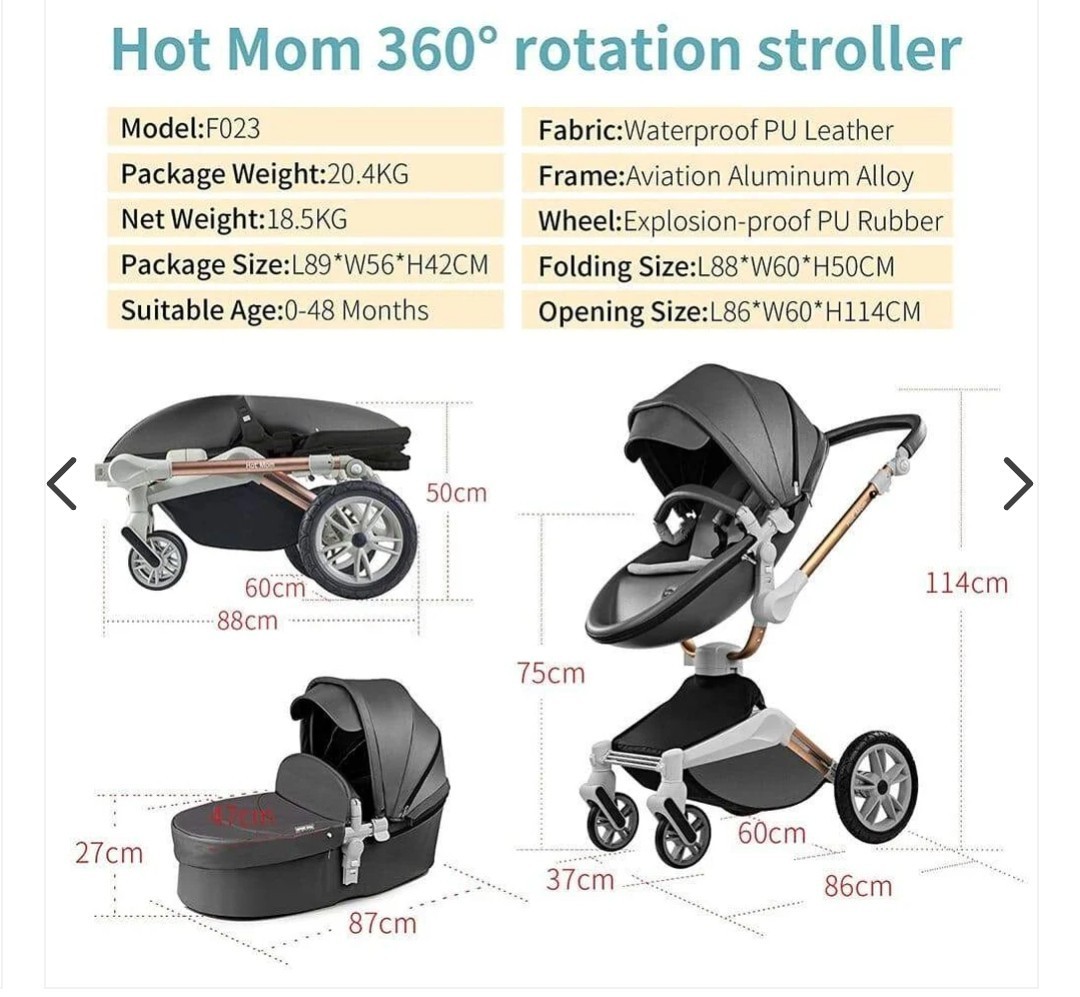 Hot Mom 2-in-1 Baby Stroller Grey with 360° rotation PU leather New