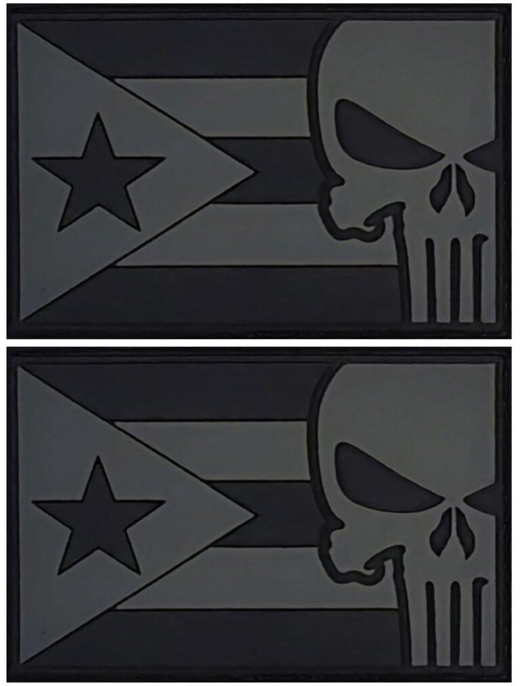 Puerto Rico Flag Skull PVC RUBBER Morale Patch  - 2PC  HOOK BACKING  3" X 2"