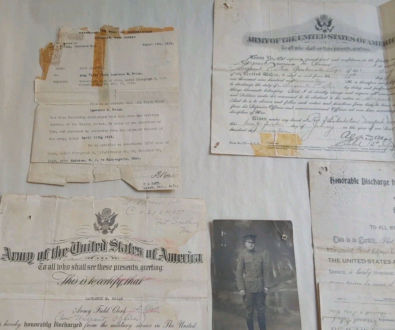 Vtg WW I United States Army Military Honorable Discharge Paper + Photo 1919-5 Pc