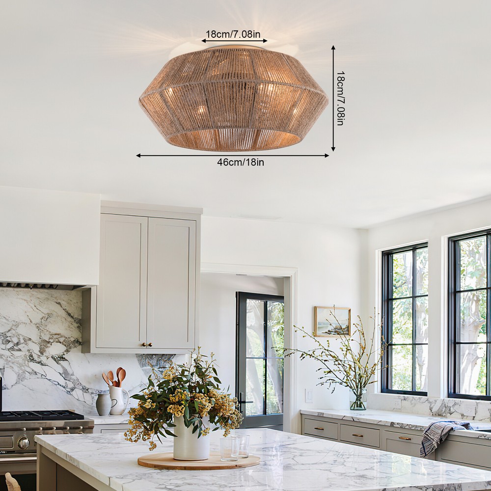 Boho Ceiling Fan Rattan Caged Flush Mount Fan Light +Remote Control Ceiling Fan