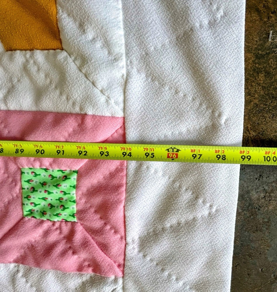 Vtg 70’s Hand Made & Quilted Polyester Double Knit Patchwork Quilt 99” X 83”