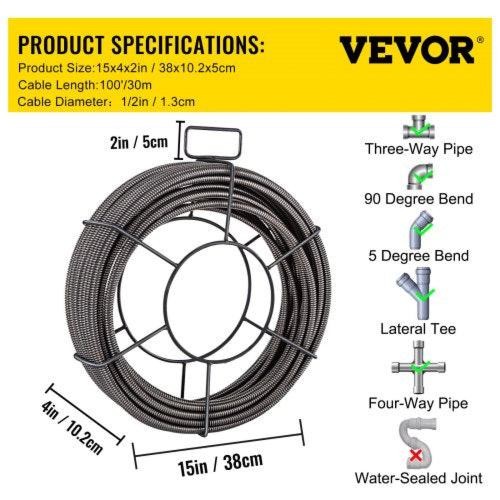 Drain Cleaning Cable 100 Feet x 12 Inch Solid Core Cable Sewer Cable Drain