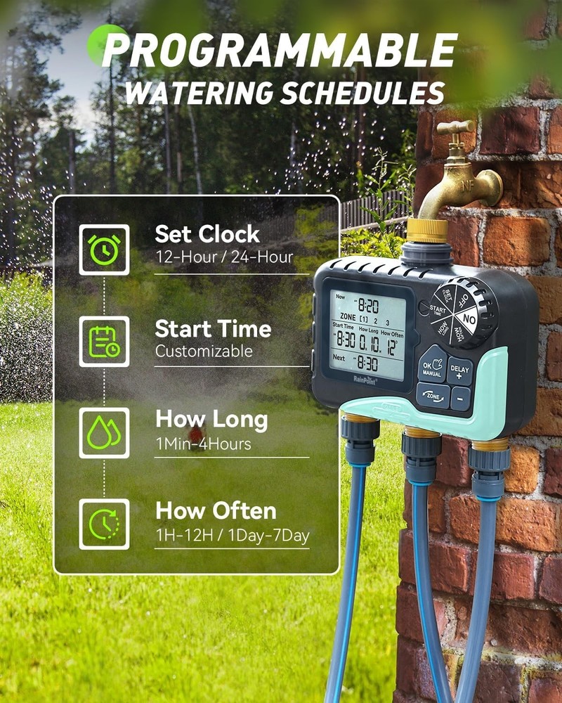 3 Zone Water Timer with Brass Inlet & Waterproof Design for Efficient Irrigation