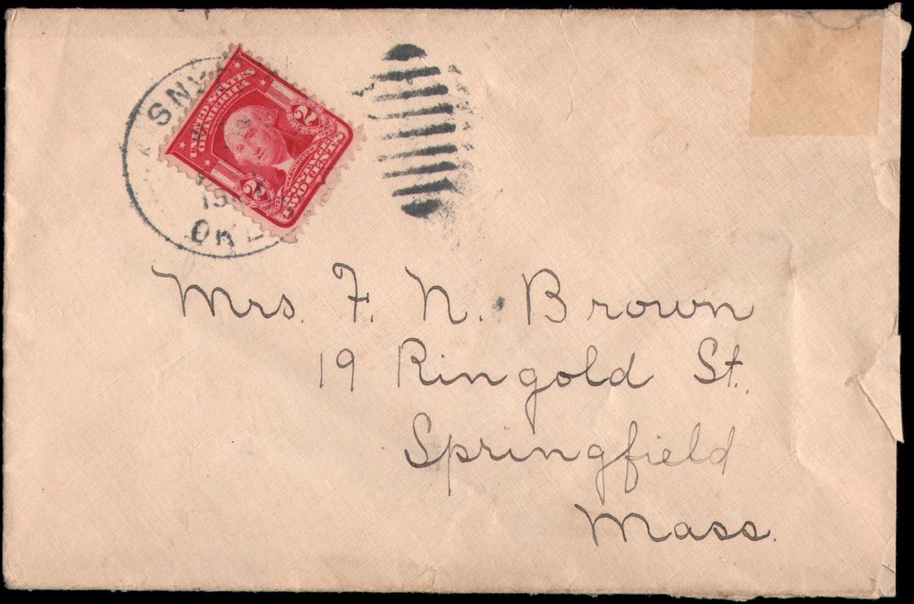 Snyder Oklahoma Territory to Springfield MA, 1907