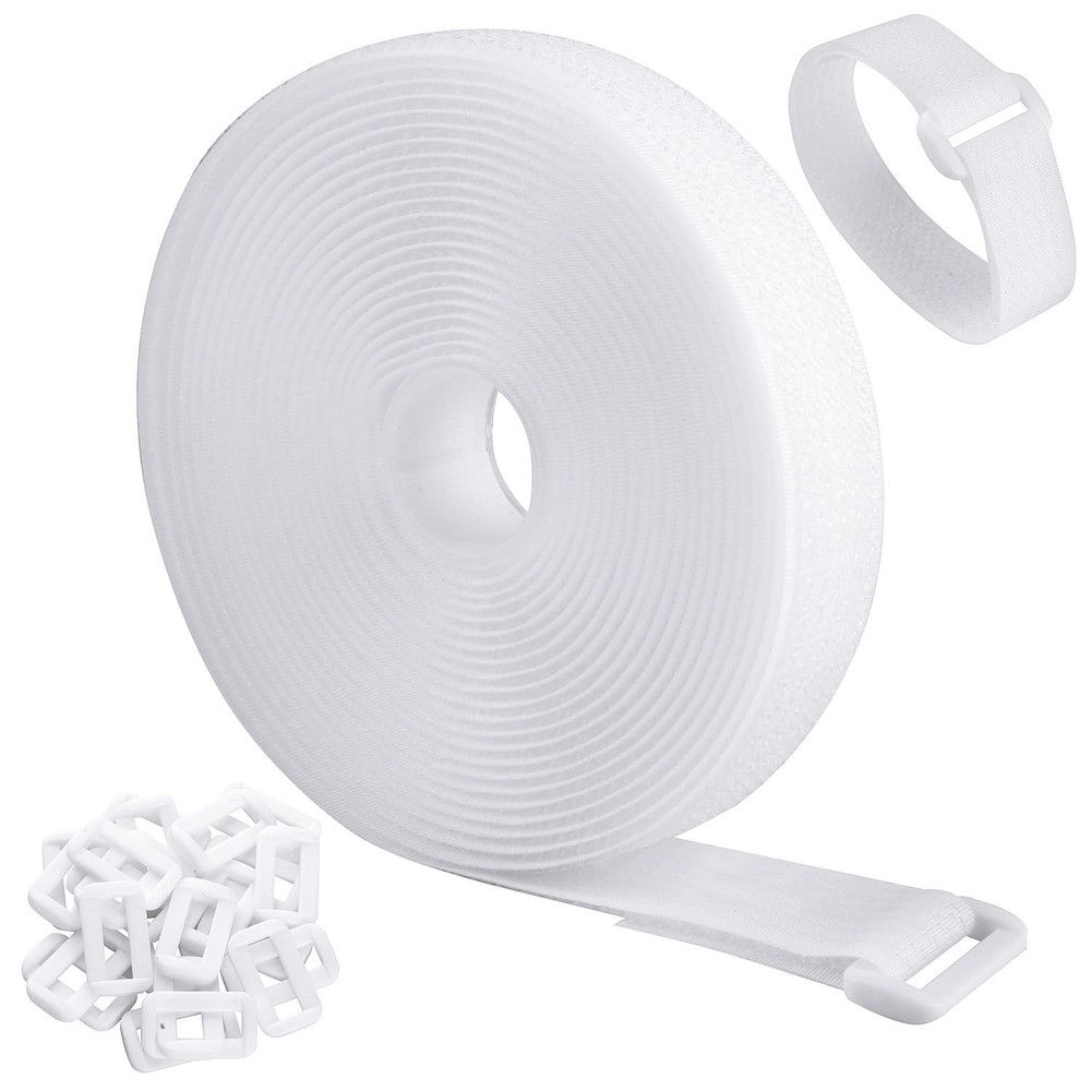 16ft Adjustable Hook  Loop Cable Straps with Buckles, White Reusable Wire Mgmt