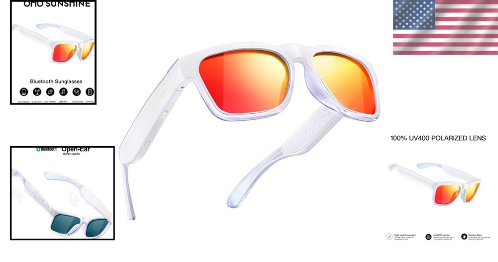 Chameleon White Bluetooth Sunglasses: Open Ear Audio, Voice Control, Polarized
