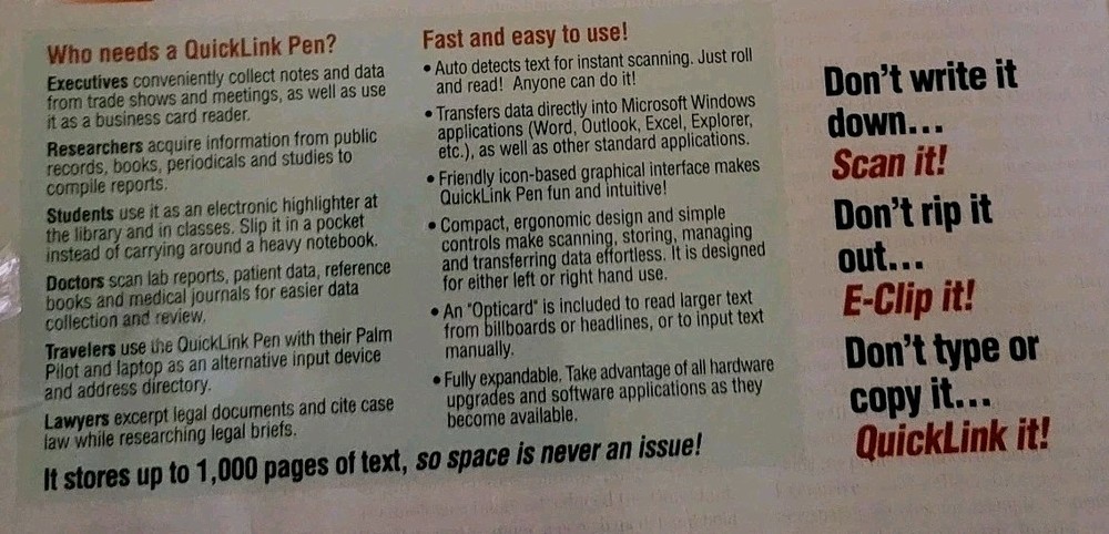 Wizcom Quick Link Pen Reader Scanner Print and Save Data Sealed NIB