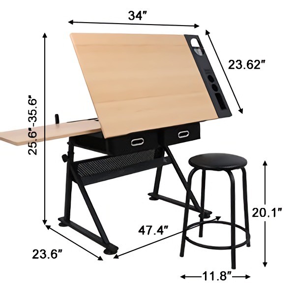 Drafting Desk Drawing Table Arts Craft Tabletop with Stool 2 Drawers Adjustable