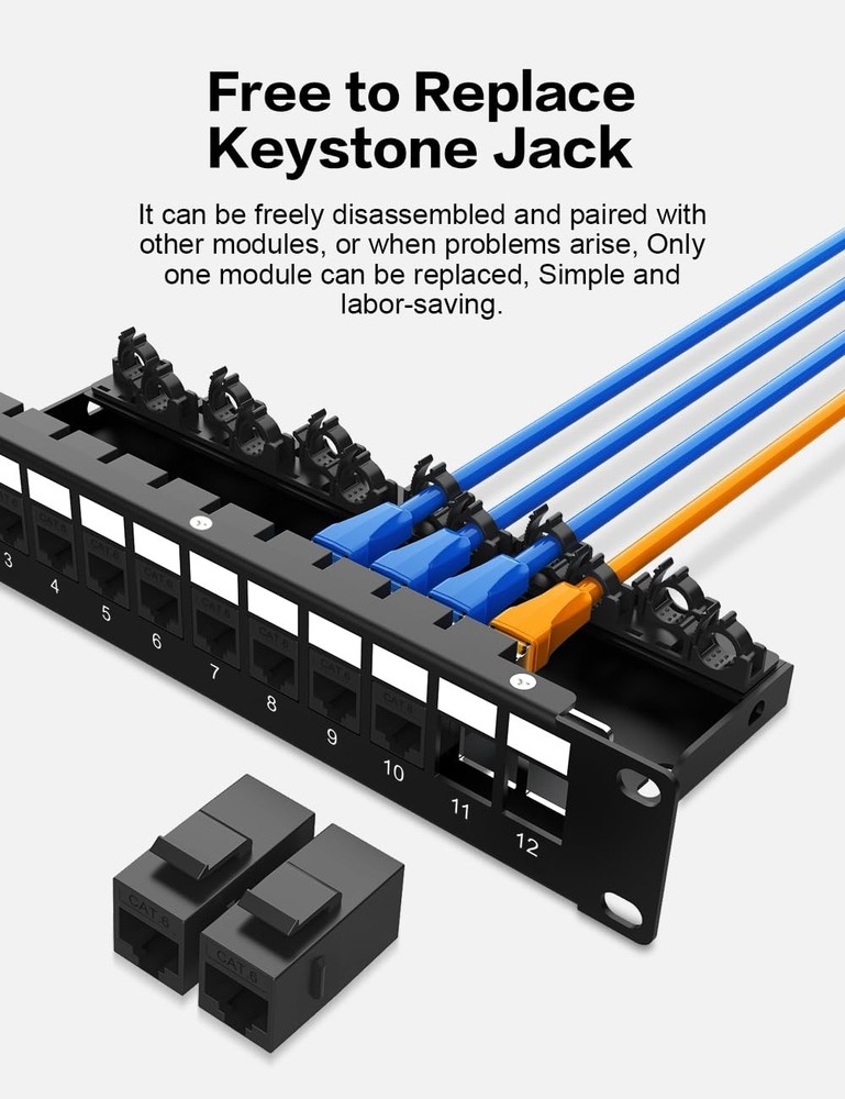 12 Port Keystone Patch Panel CAT6 Rackmount 1U 10 Inch Network Cable Manager