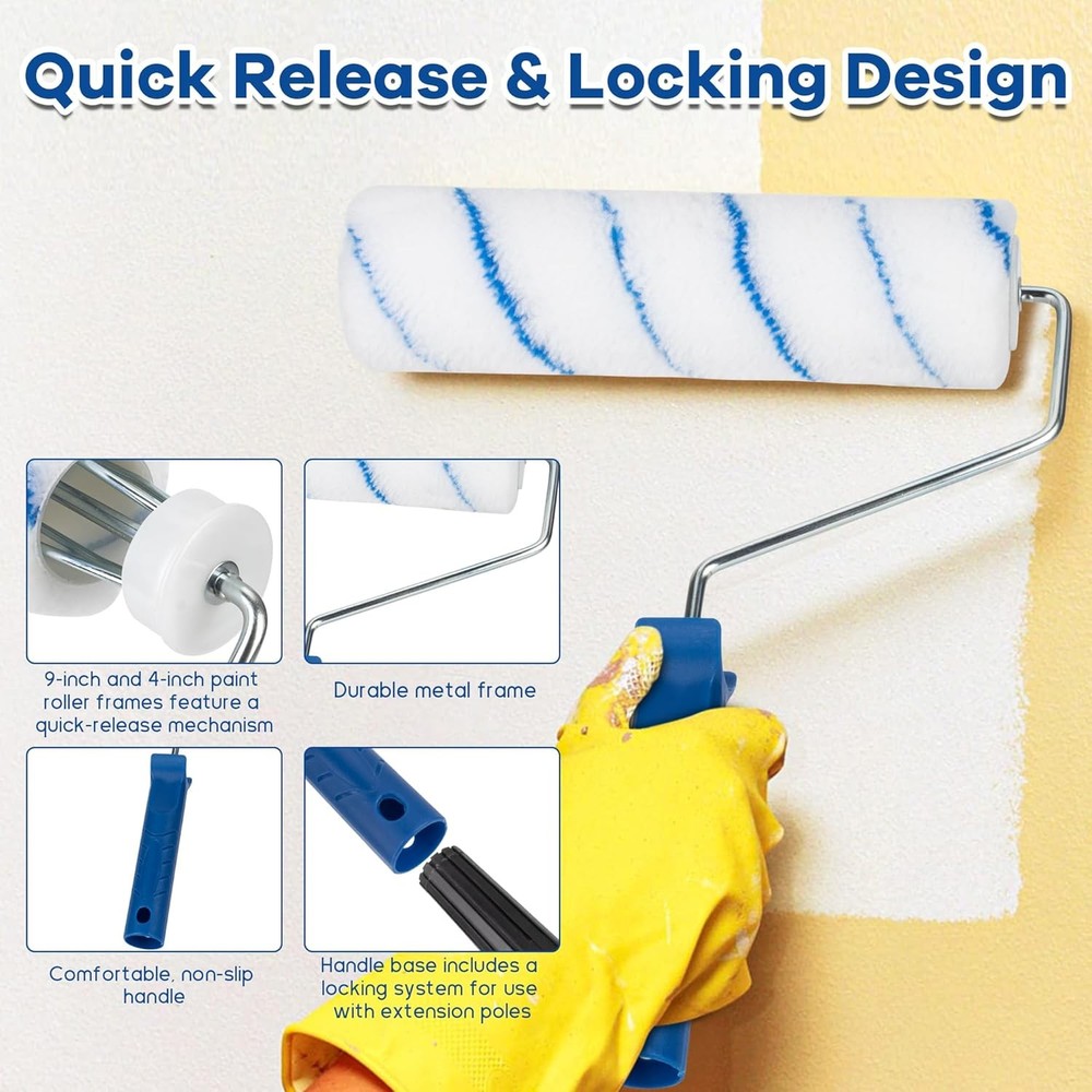 28 PCS Paint Roller Kit with Extension Pole, 4" 9" Paint Roller with Tray, Paint