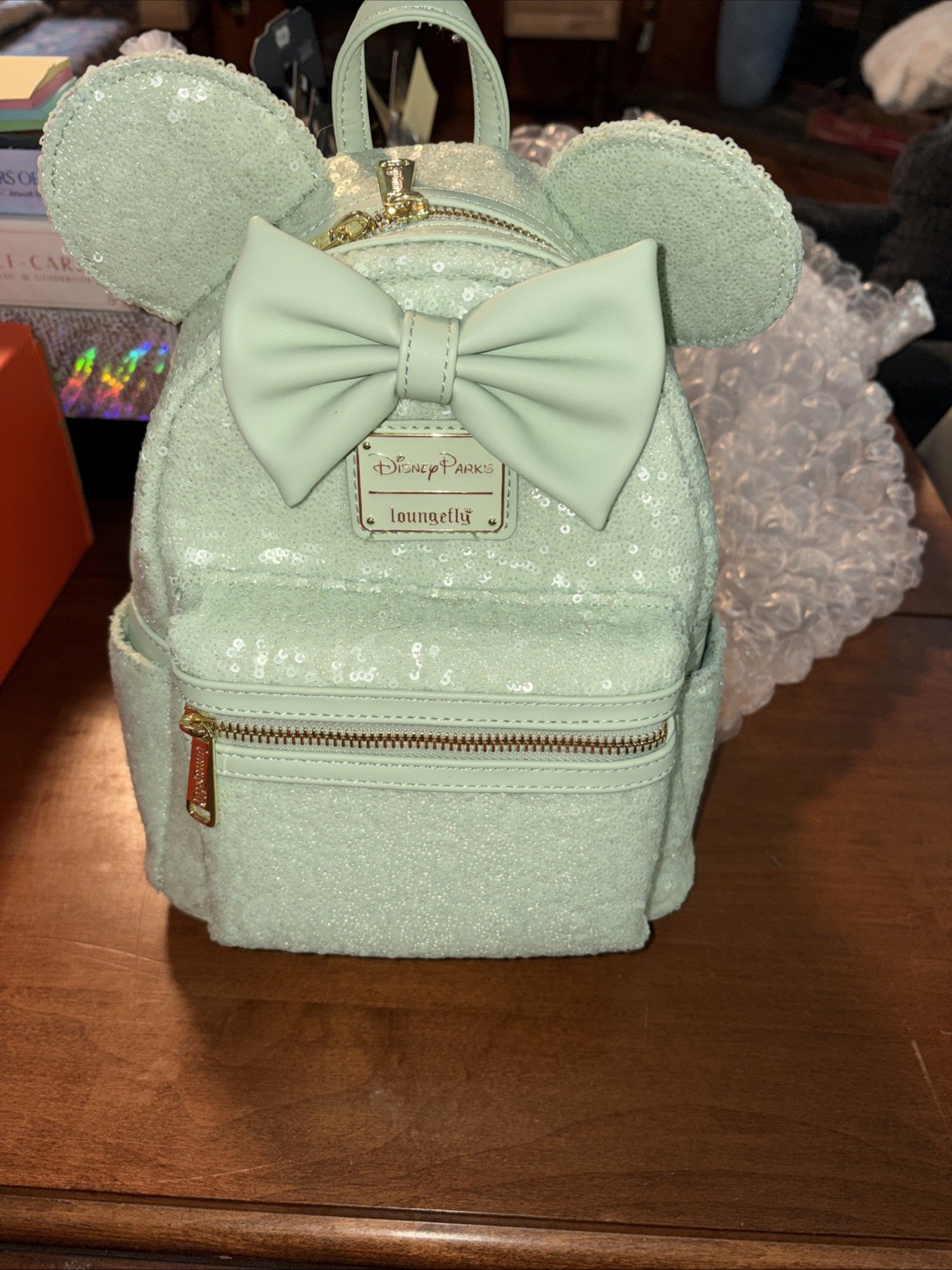 Disney Parks Loungefly Minnie Mouse Mint Green Sequin Spring Mini Backpack NEW