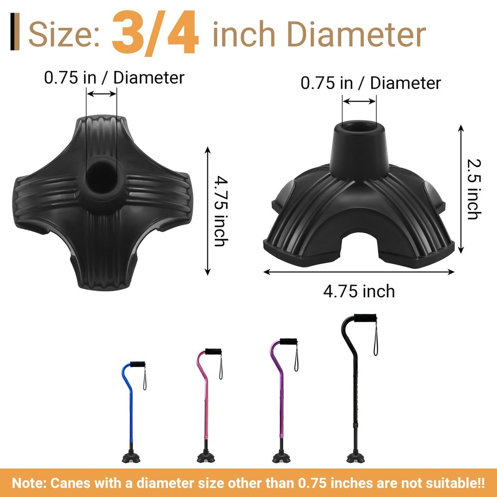 Dotday 2 Pack Cane Tips for Stability, Self Standing Base 2 pack, Black