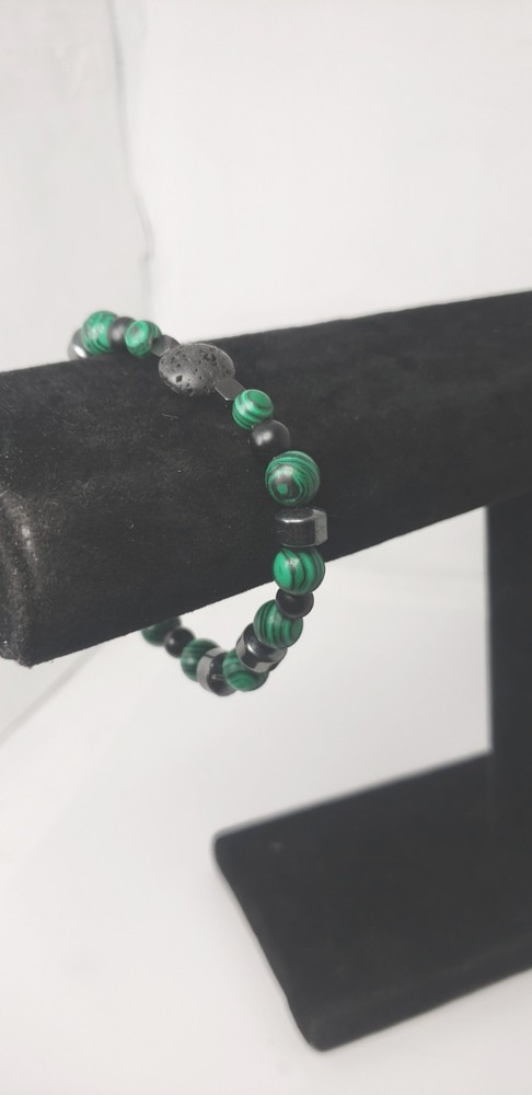Malachite, Hematite, And Lava Stone Beaded Stretch Bracelet| Stackable Bracelet