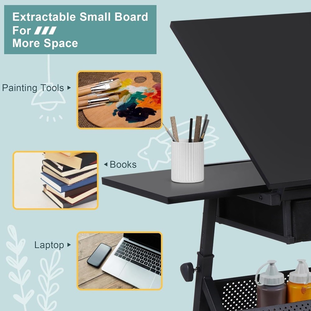 Adjustable Drafting Table with Stool Tilting Drawing Desk Artist Table w/Drawers