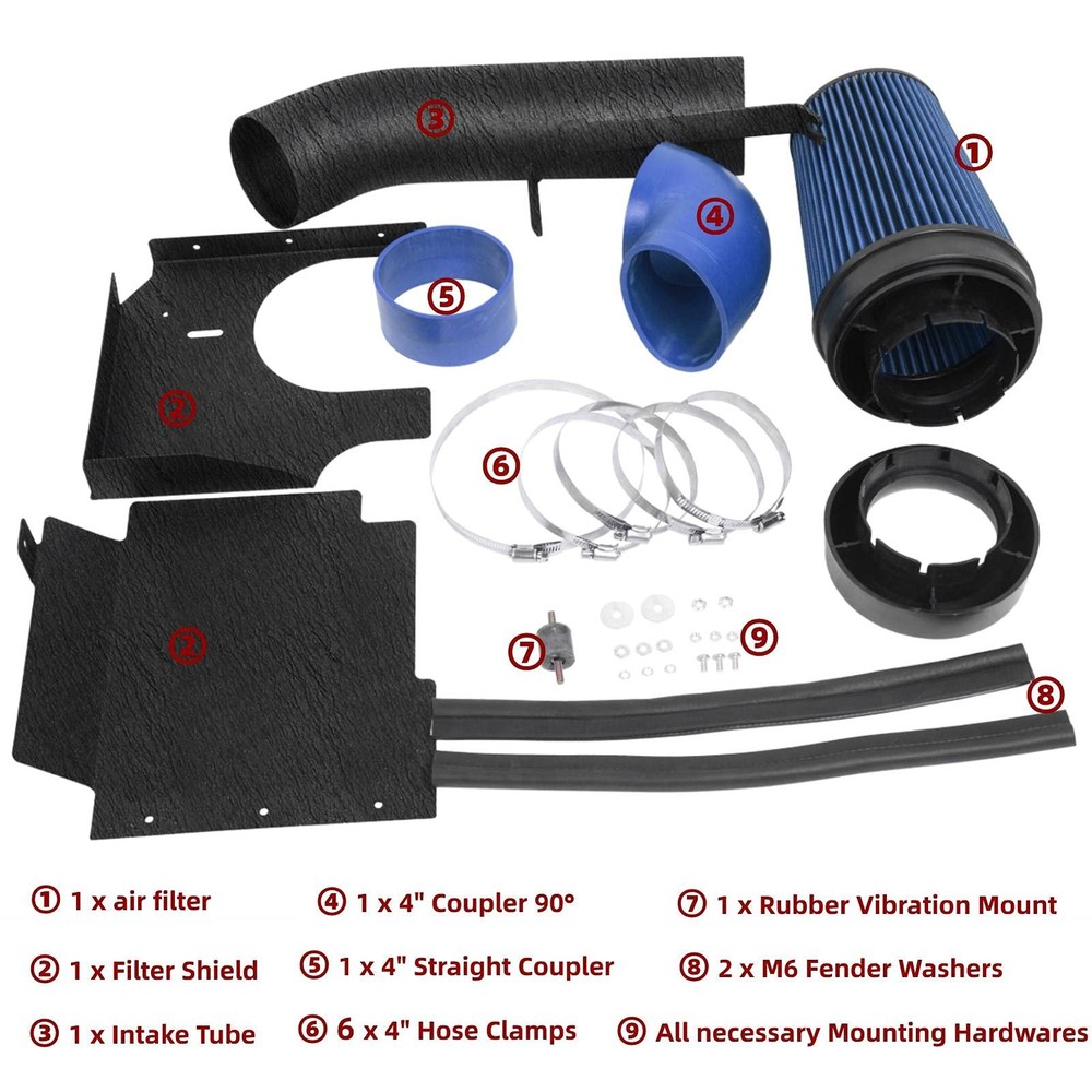 4 Inch Performance Cold Air Intake Filter Kit with Shield for Black & Blue