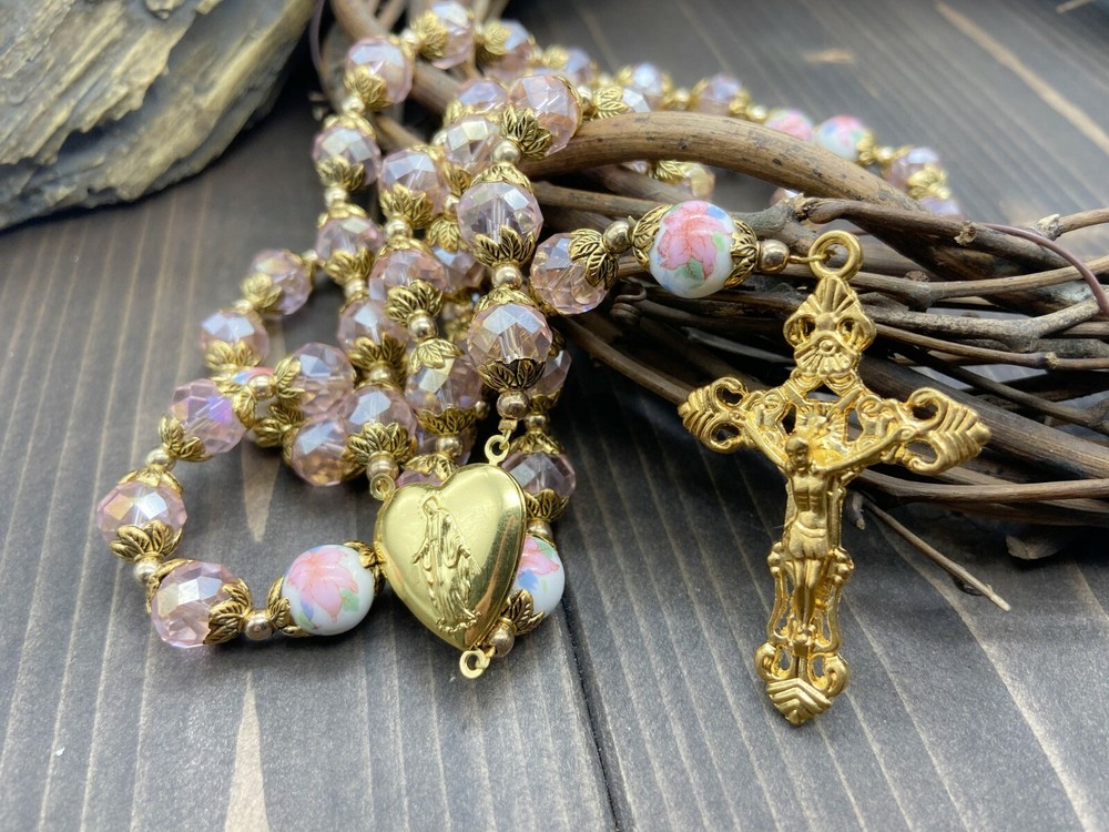 Pink Crystallized Beads Gold Rosary Catholic Holy Mary Locket Medal & Crucifix