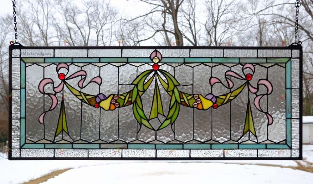 36" x 14" Handcrafted Stained Glass Panel Hanging Window Panel HF45