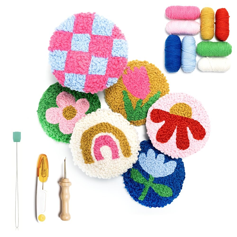 Punch Needle Kit, Set of 6 Coasters, Includes Beginner Video Tutorials and In...