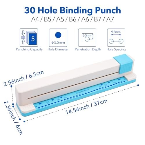 30-Hole Paper Punch & Binding Machine for A4 A5 A6 Binders, Portable 5-Sheet Cap