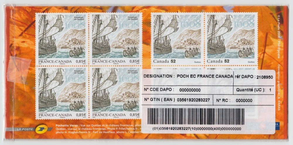 FRANCE-CANADA =2008 JOINT issue Sealed FOLDER 2x4= CHAMPLAIN'S SHIP 400th QUEBEC