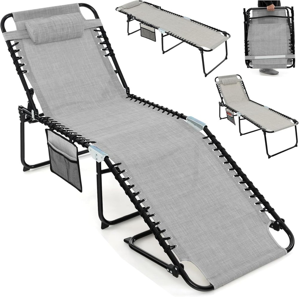 Grey Foldable Patio Lounge Chair with Headrest, 4-Position Adjustable Backrest