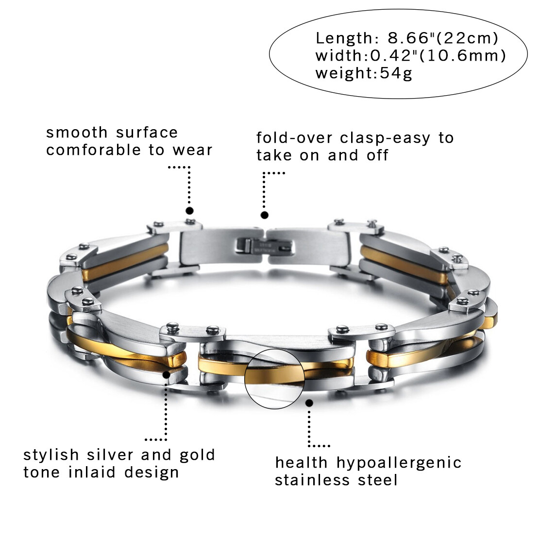 Two Tone Stainless Steel Men's Chain Link Bracelet Wristband Cuff Bangle 8.66"