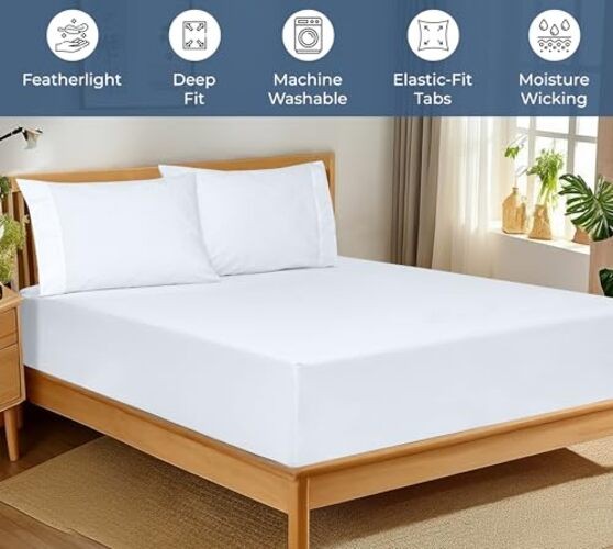 100% Organic Cotton Fitted Sheet - Percale Weave - Super Soft Deep Queen White