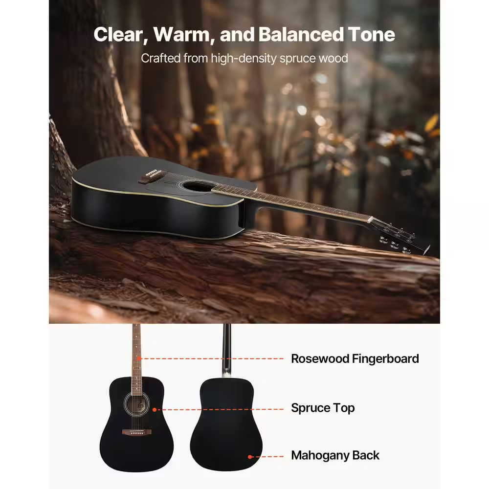 Dreadnought Acoustic Guitar 41 In. 6-String Black Solid Spruce Top Guitar Beginn