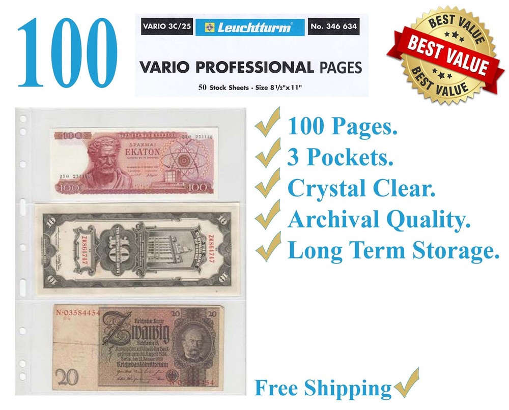 100 Lighthouse Vario 3C Pages 3 Pockets Clear Album Sheets Modern Currency Stamp