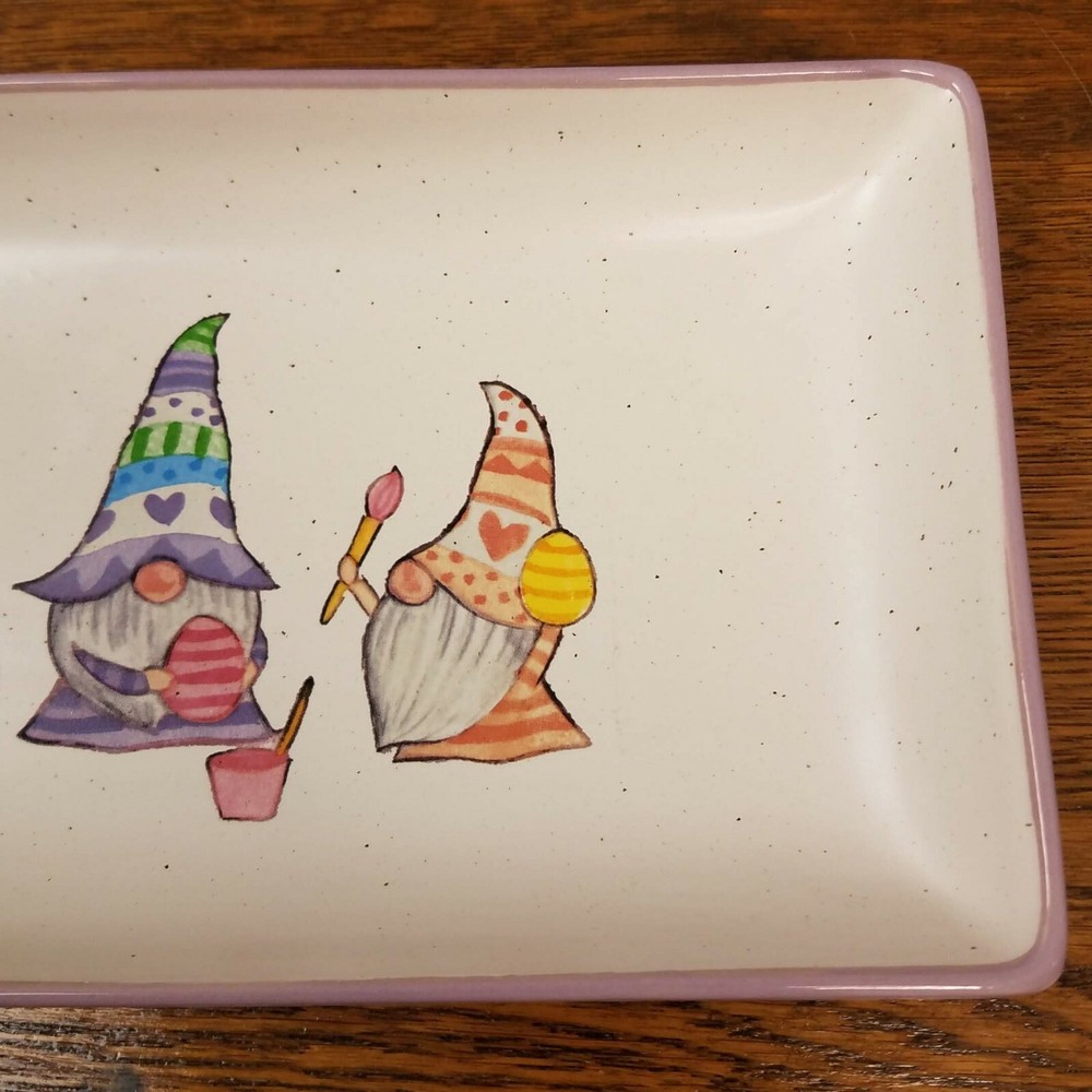 Ceramic Purple Rectangular Easter Platter/Candy Dish Gnomes Painting Easter Egg