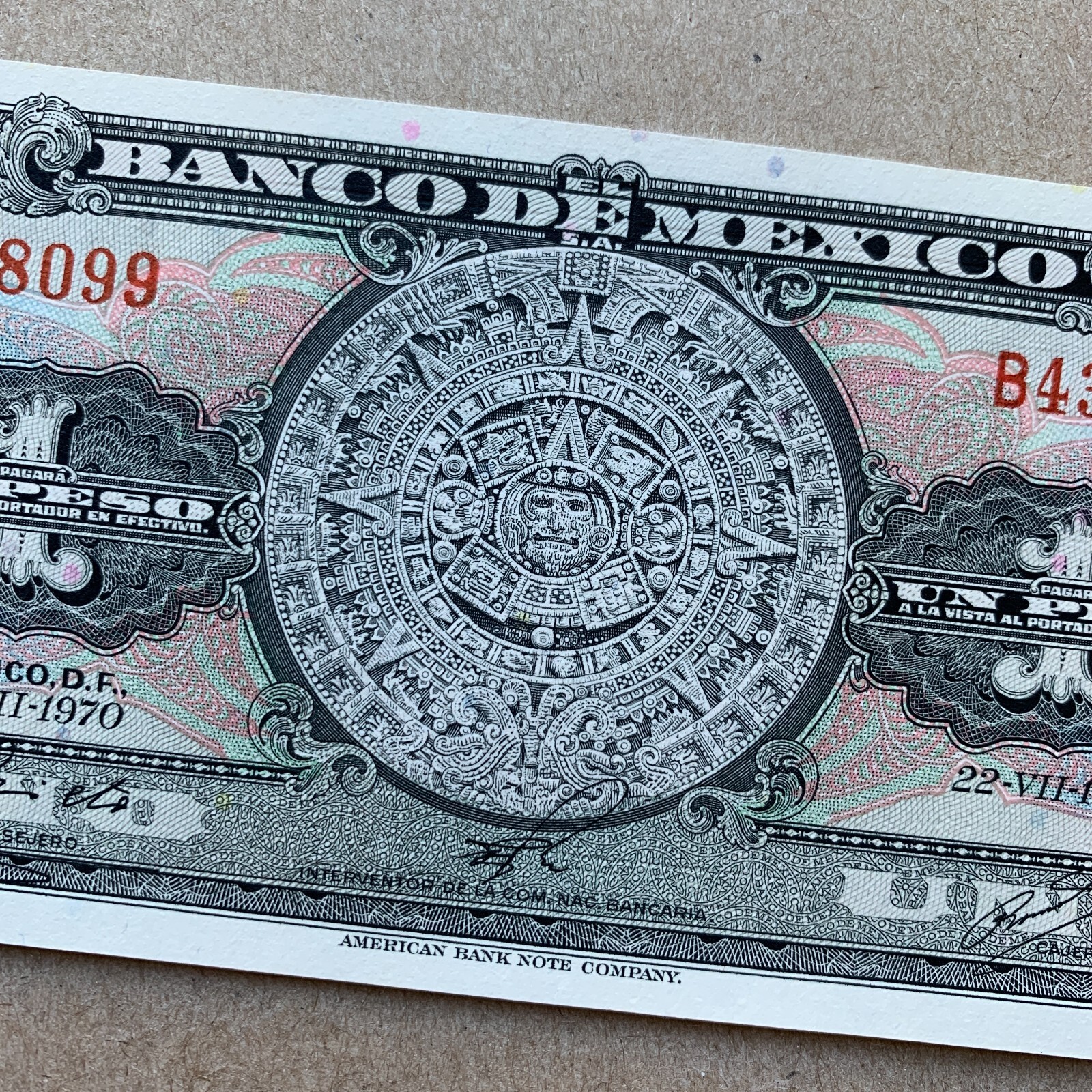 MEXICO 1 Peso BANKNOTE 1970 AZTEC CALENDAR Mexican Currency Paper Money UV ART